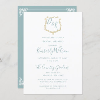 Monogram Crest Gold Dusty blue Bridal Shower Invitation