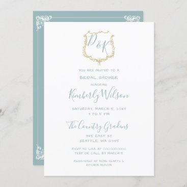 Monogram Crest Gold Dusty blue Bridal Shower Invitation