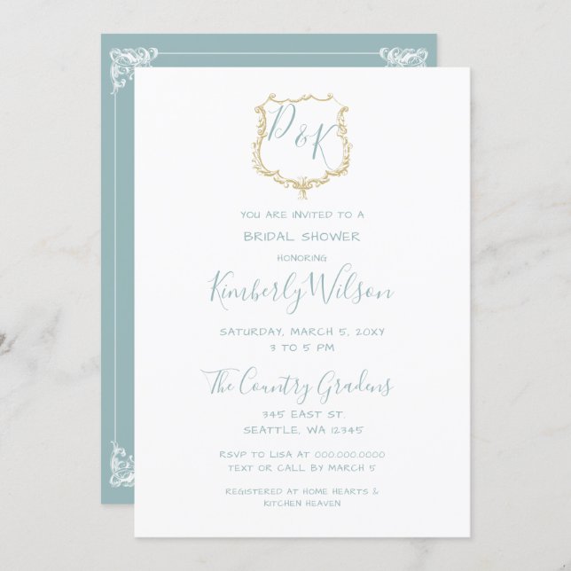 Monogram Crest Gold Dusty blue Bridal Shower Invitation (Front/Back)