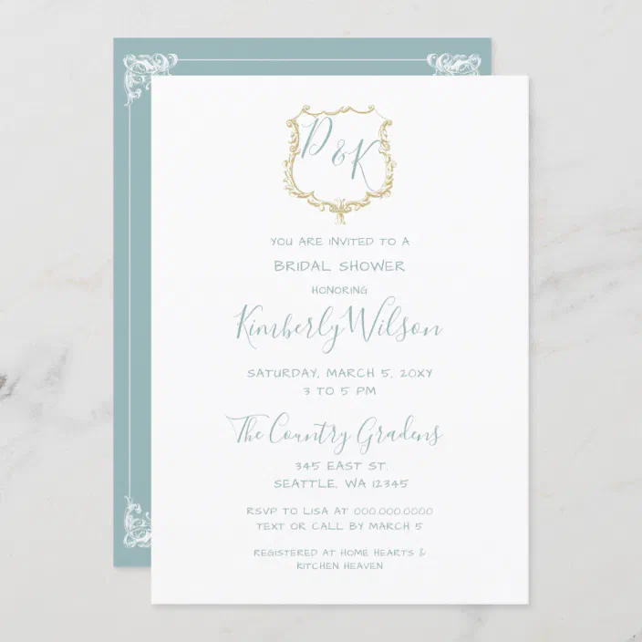 Bridal Invitation Blue and White Bridal Shower Invitation Monogram Shower Invitation Blue and Gold Invitation Customized Invitation