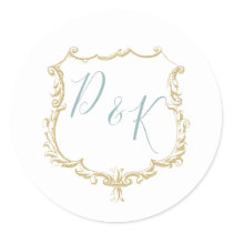Monogram Crest Gold Dusty blue Wedding Classic Round Sticker