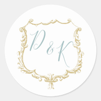 Monogram Crest Gold Dusty blue Wedding Classic Round Sticker