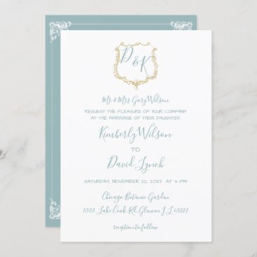 Monogram Crest Gold Dusty blue Wedding Invitation