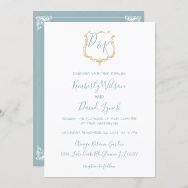Monogram Crest Gold Dusty blue Wedding Invitation