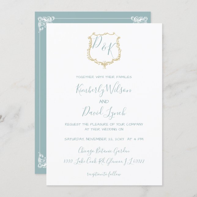 Monogram Crest Gold Dusty blue Wedding Invitation (Front/Back)