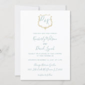 Monogram Crest Gold Dusty blue Wedding Invitation (Front)