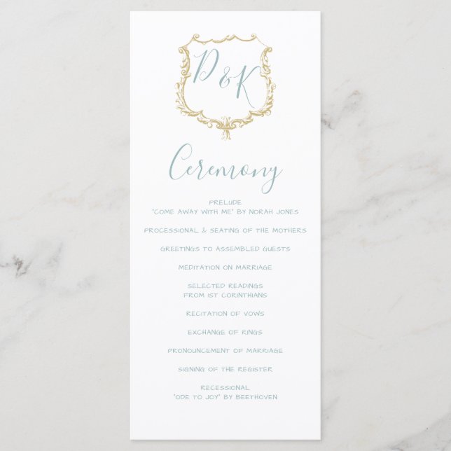 Monogram Crest Gold Dusty blue Wedding programs (Front)