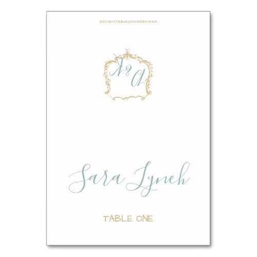 Monogram Crest Gold Dusty blue Wedding Table Number