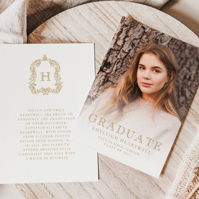 Monogram Crest Gold Photo Graduation Announcement (Creator Uploaded)