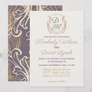 Monogram Crest Gold Purple Vintage Wedding Invitation