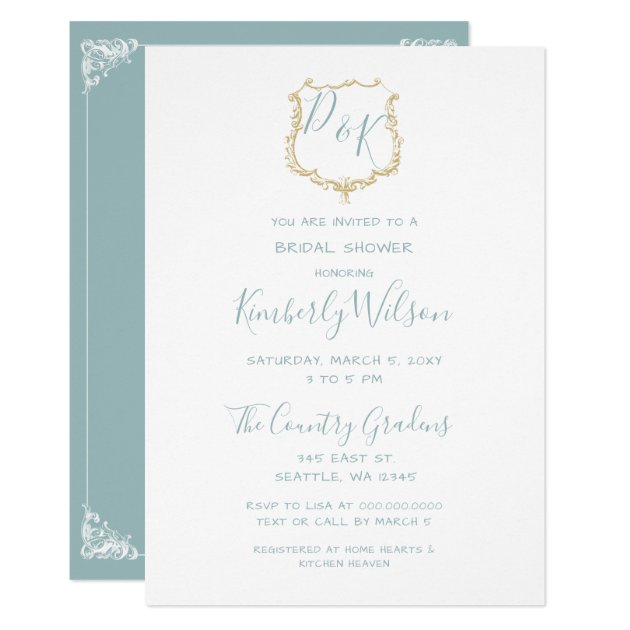 Monogram Crest Gold Vintage Blue Bridal Shower Invitation