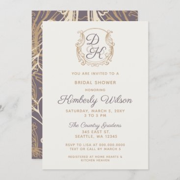 Monogram Crest Gold Vintage Purple Bridal Shower Invitation