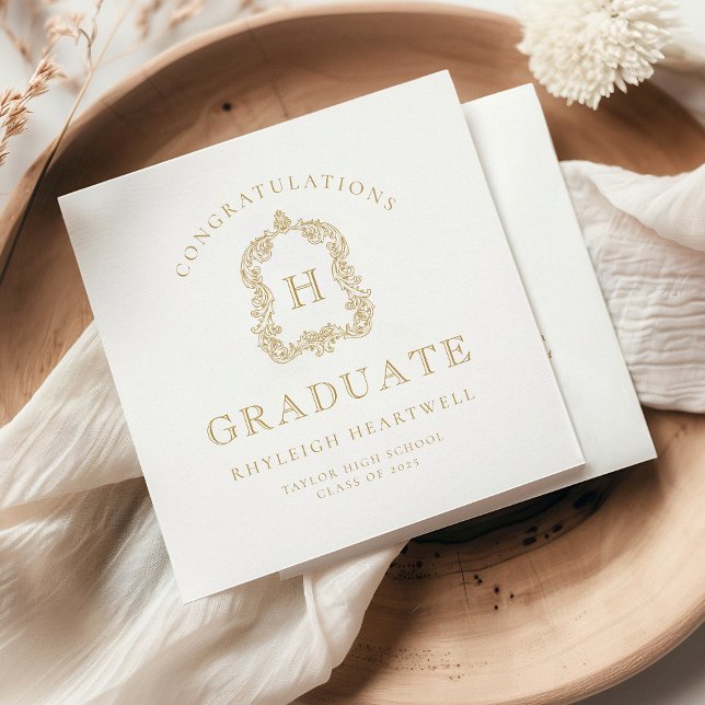 Monogram Crest Gold White Graduation Party Napkins (Creator Uploaded)