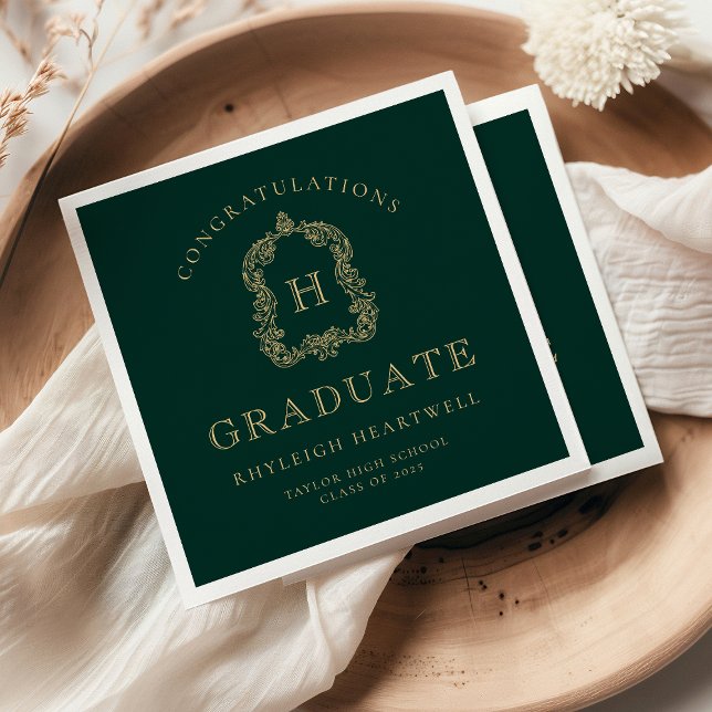 Monogram Crest Green Gold Graduation Party Napkins (Creator Uploaded)
