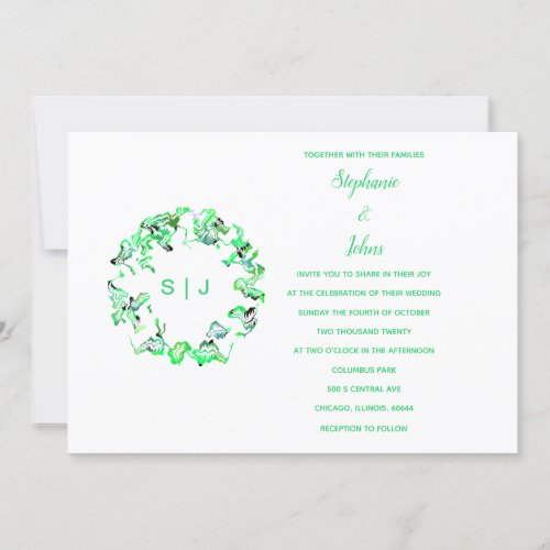 Monogram Crest Green White Simple Boho Wedding Invitation