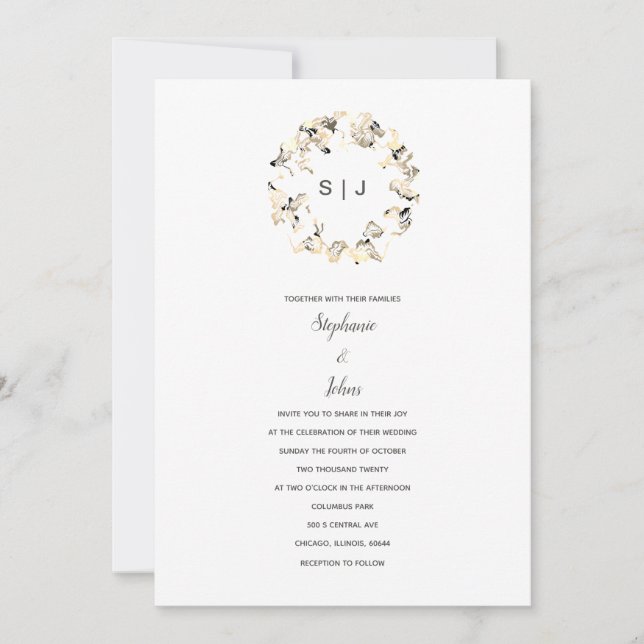 Monogram Crest Grey White Boho Simple Wedding Invitation (Front)