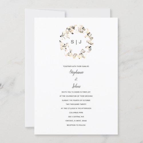Monogram Crest Grey White Boho Simple Wedding Invitation