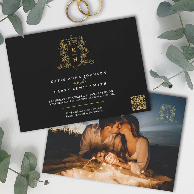 Monogram Crest Heart Crown Black Gold Wedding Invitation Zazzle monogram-crest-heart-crown-black-gold-wedding-invitation-zazzle