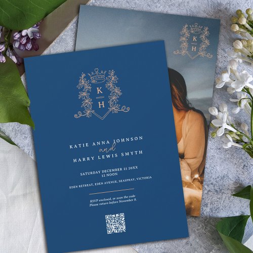 Monogram crest heart crown blue rose gold wedding  invitation