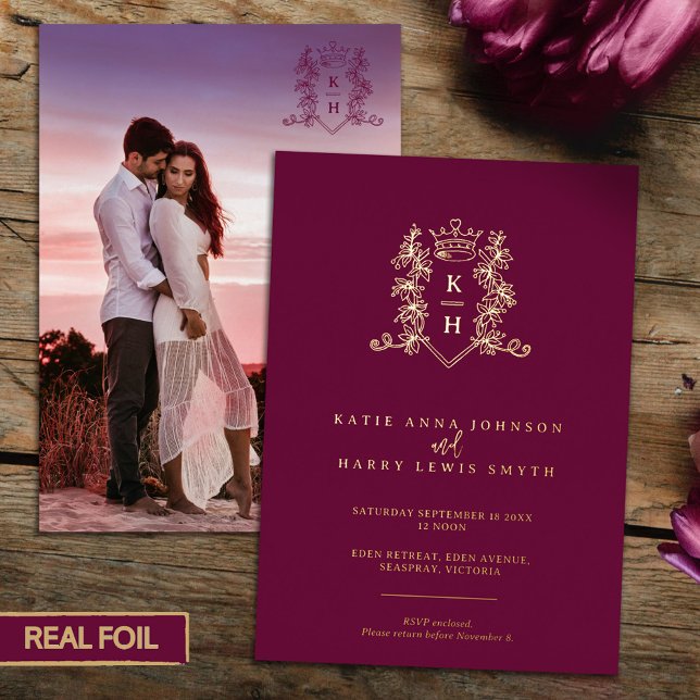 Monogram crest heart crown dark wine red wedding foil invitation (Creator Uploaded)
