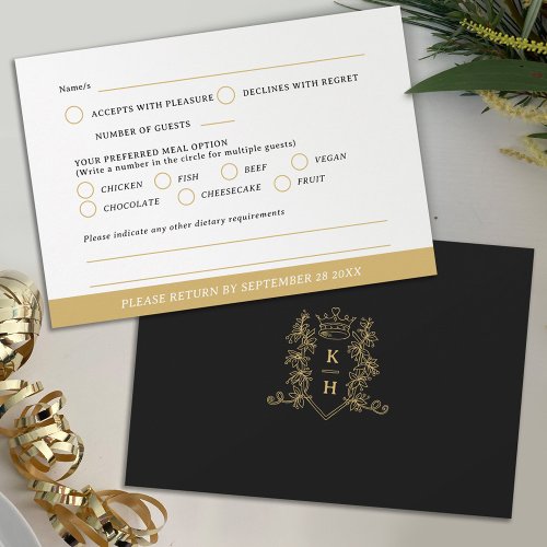 Monogram crest heart crown foliage gold white RSVP card