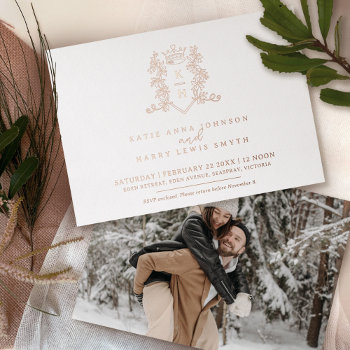 Monogram Crest Heart Crown White Rose Gold Foil Invitation by mylittleedenweddings at Zazzle