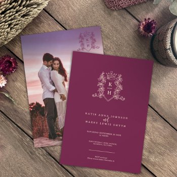 Monogram Crest Heart Crown Wine Peach Wedding Invitation by mylittleedenweddings at Zazzle
