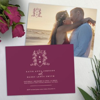 Monogram Crest Heart Crown Wine Red Peach Wedding  Invitation by mylittleedenweddings at Zazzle