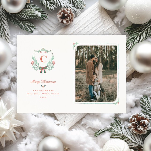 Monogram Crest Holiday Photo Card (A classic holiday card featuring a watercolor monogram crest and your family photo)