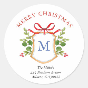 Monogram Crest Holiday Return address Classic Round Sticker