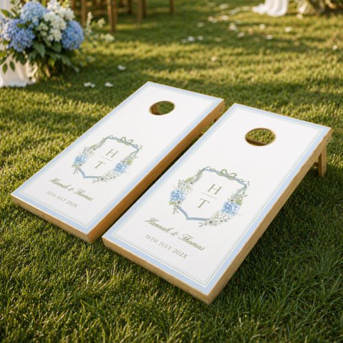 Monogram Crest Hydrangea Wedding Cornhole Set