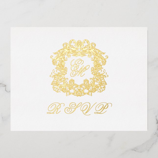 Monogram Crest Menu Wedding Gold Foil RSVP Card (Front)