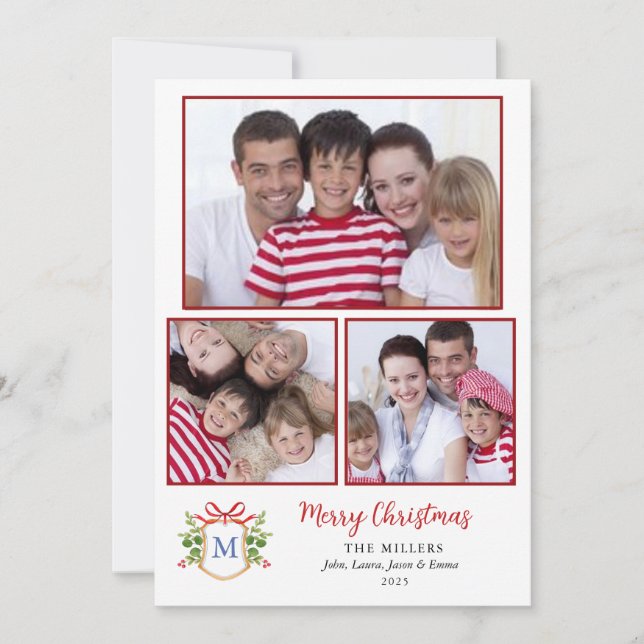 Monogram Crest  Multiple photo Christmas Greetings Holiday Card (Front)
