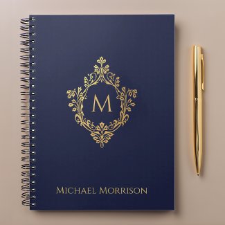 Monogram Crest Navy Blue Faux Gold Elegant Name