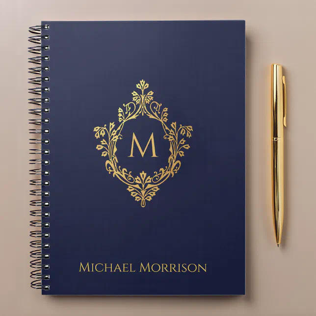 Monogram Crest Navy Blue Faux Gold Elegant Name Notebook | Zazzle