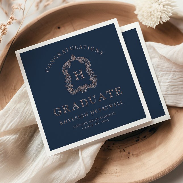 Monogram Crest Navy Blue Rose Graduation Party Napkins (Creator Uploaded)