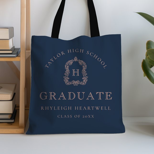 Monogram Crest Navy Blue Rose Graduation Tote Bag (Creator Uploaded)