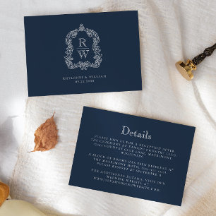 Monogram Crest Navy Blue Wedding Details Enclosure Card