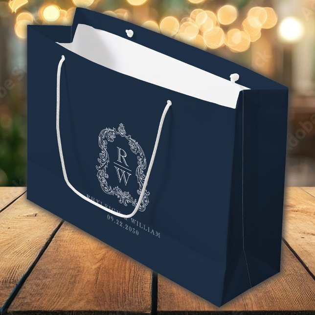 Monogram Crest Navy Blue Wedding Large Gift Bag (Creator Uploaded)