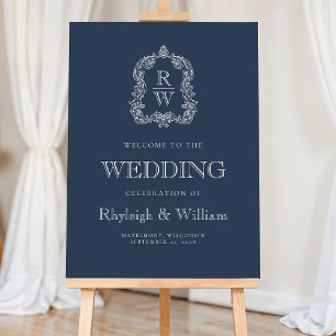Monogram Crest Navy Blue Wedding Welcome Sign