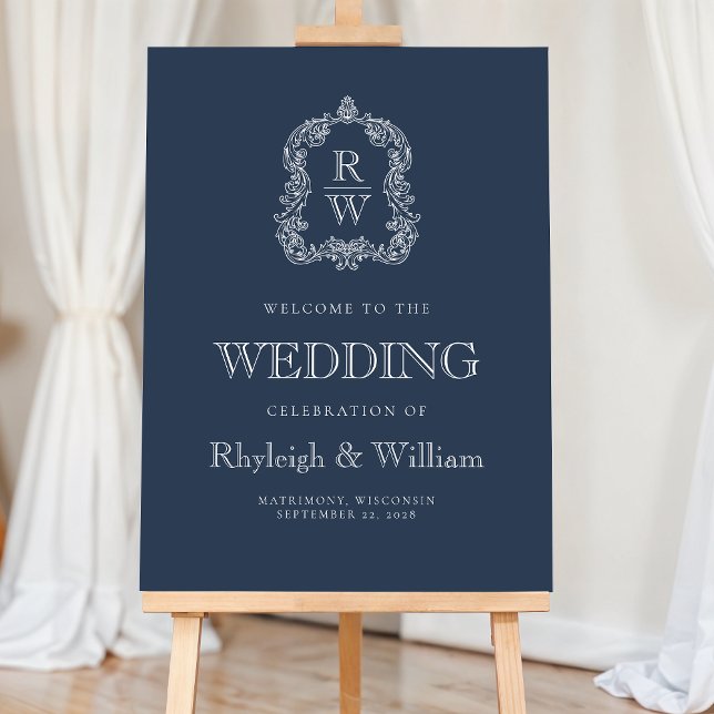 Monogram Crest Navy Blue Wedding Welcome Sign (Creator Uploaded)