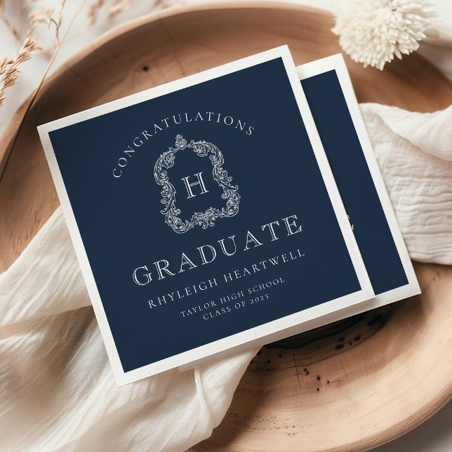Monogram Crest Navy Blue White Graduation Party Napkins (Creator Uploaded)