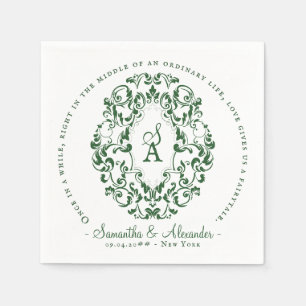 Monogram Crest Old Print Emerald Green Wedding Napkins