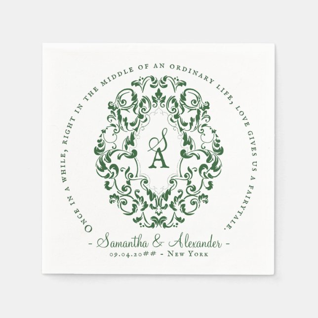 Monogram Crest Old Print Emerald Green Wedding Napkins (Front)