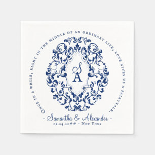 Monogram Crest Old Print Royal Blue Wedding Napkins