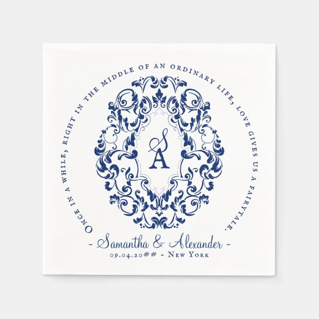 Monogram Crest Old Print Royal Blue Wedding Napkins (Front)