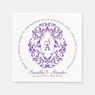 Monogram Crest Old Print Royal Purple Wedding Napkins