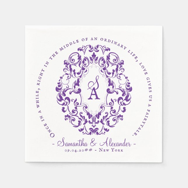 Monogram Crest Old Print Royal Purple Wedding Napkins (Front)