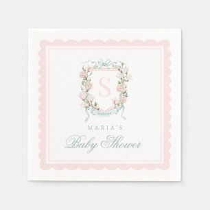 Monogram Crest Pink Bow Scallop Napkins
