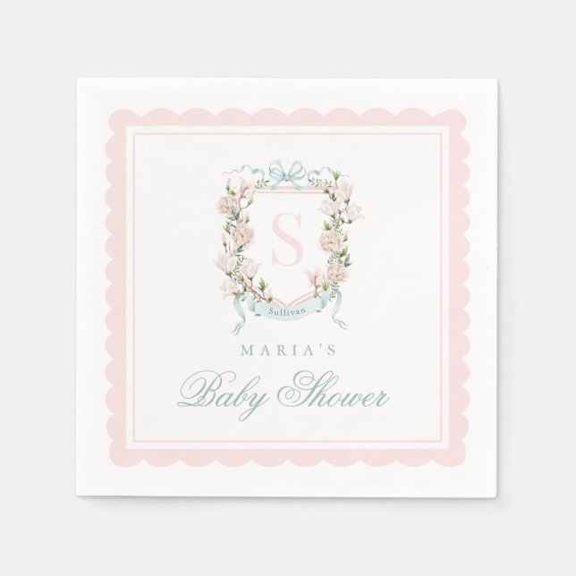 Monogram Crest Pink Bow Scallop Napkins (Front)